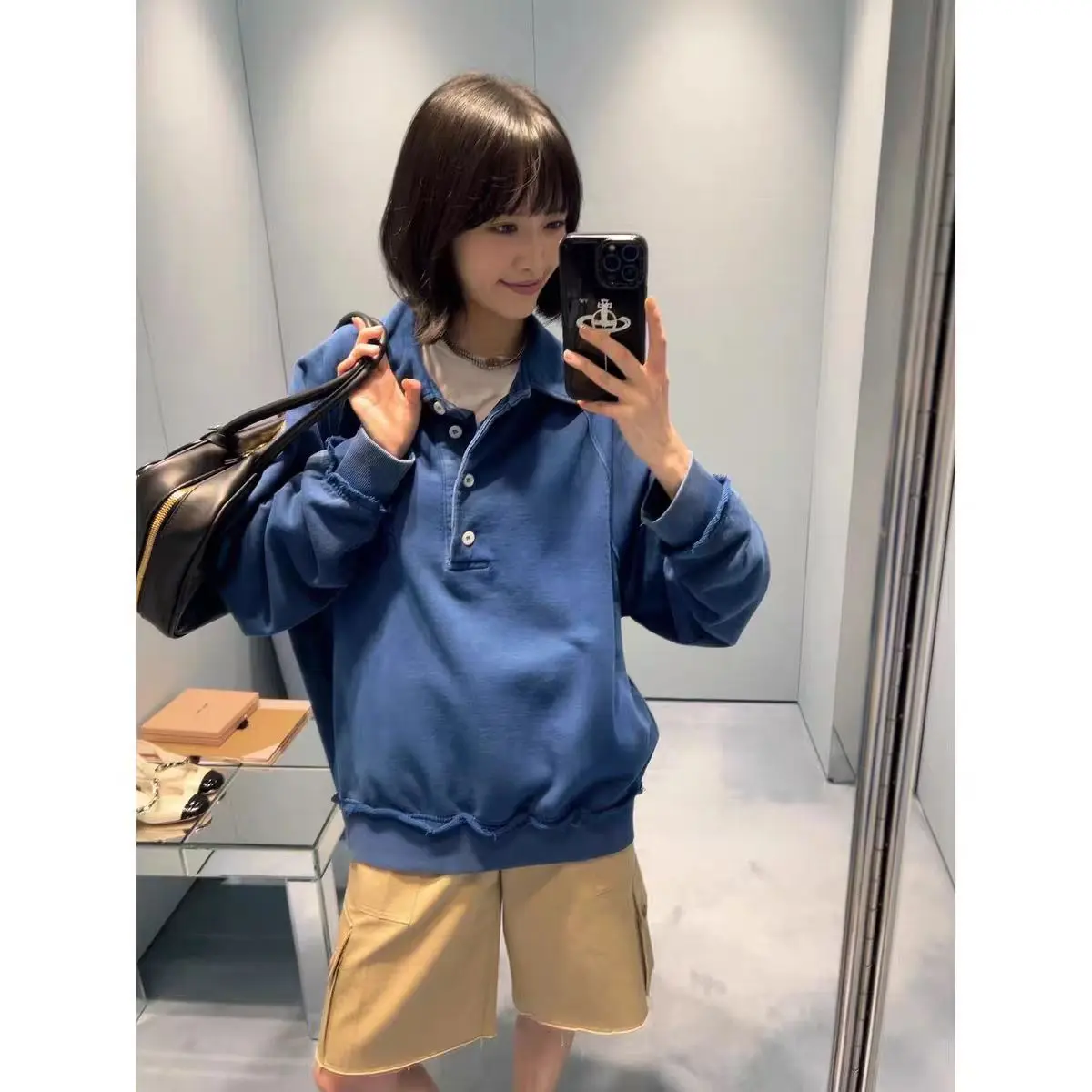 张元英同款polo衫miu牛仔蓝卫衣