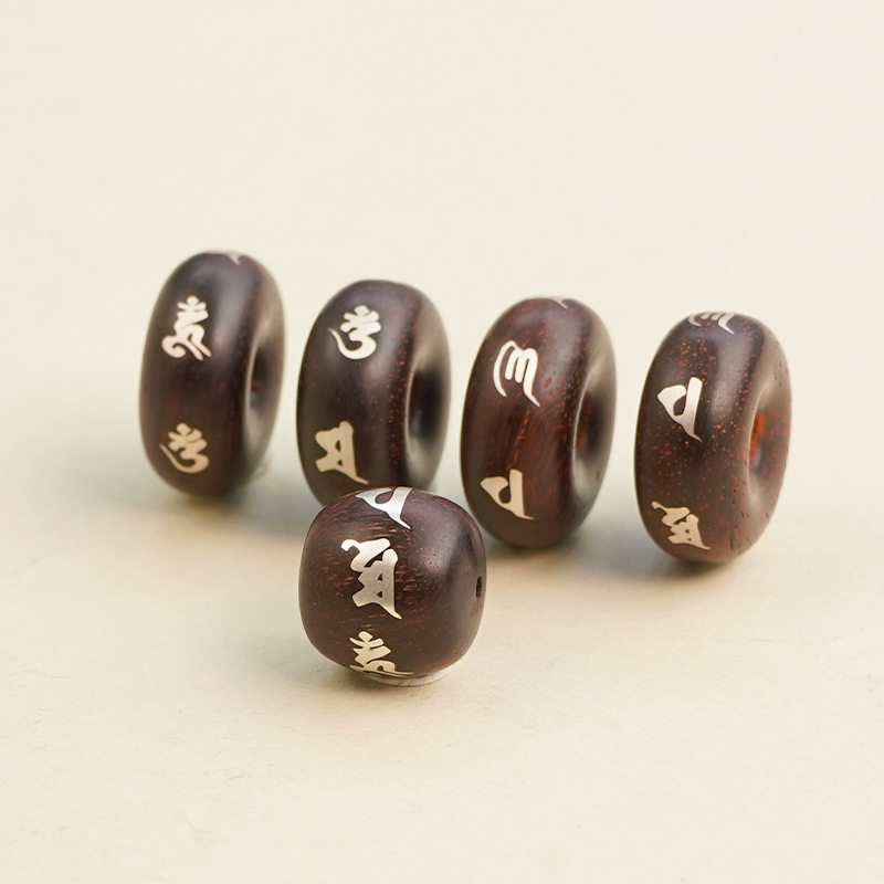 小叶紫檀镶嵌银饰品配件散珠木镶银六字真言手链15mm筒珠手串配件