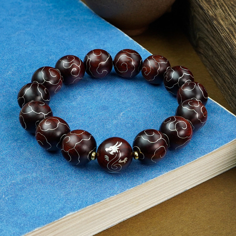 印度小叶紫檀木镶银祥云国风手串檀木高品质真货五条经文男款