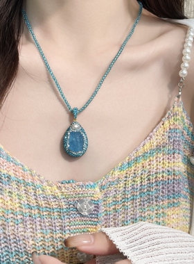 正品天然海蓝宝原石吊坠项链