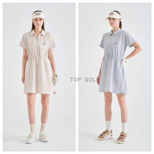 韩国代购LANVINBLANC高尔夫裙子 26夏女翻领条纹拉链收腰连衣裙