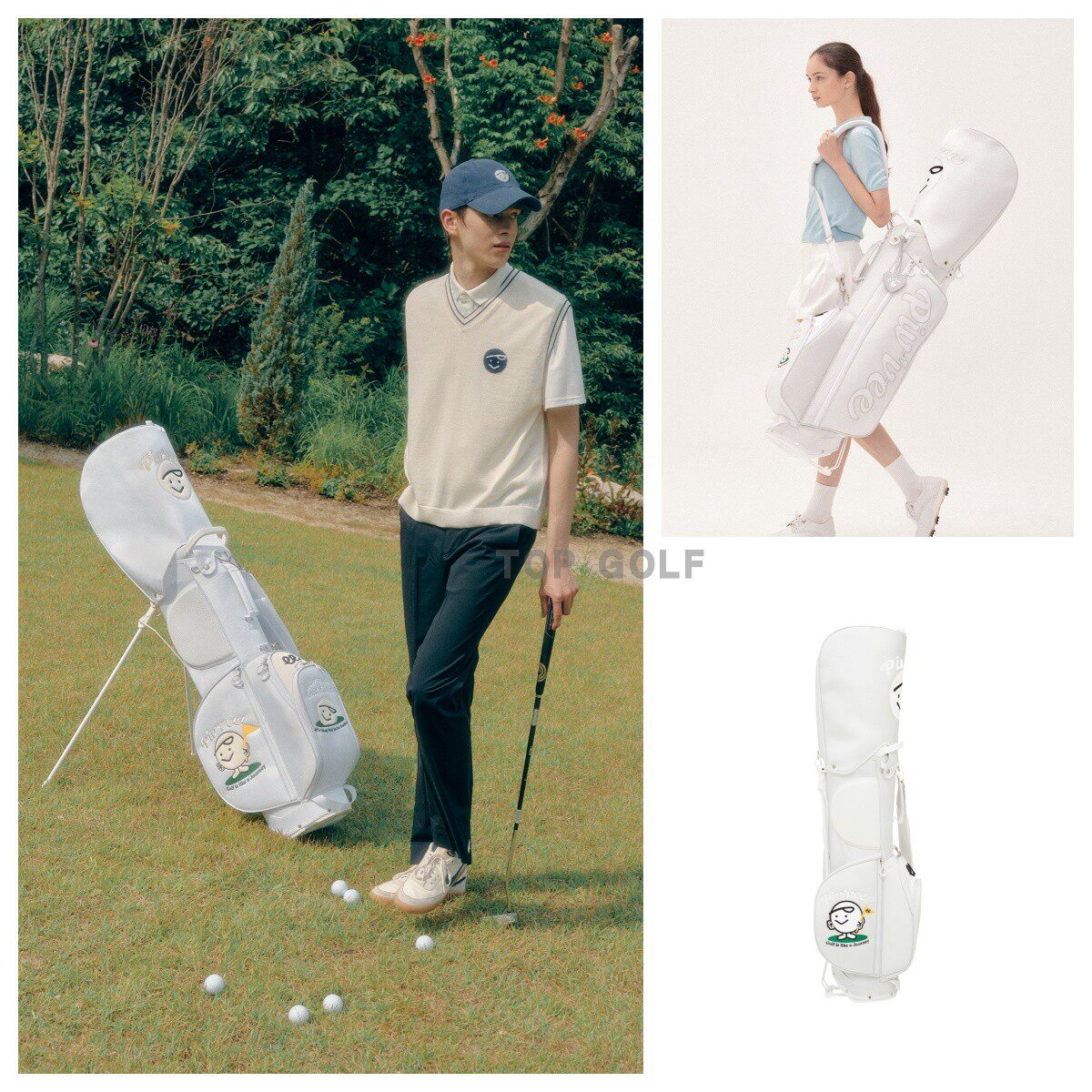 韩国代购Pivvee GOLF高尔夫球童包 24秋男女笑脸标志支架立式球包
