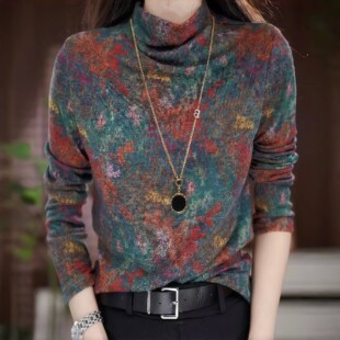 T恤上衣印花保暖打底衫 气质半高领套头小衫 W显瘦长袖 新款 2024冬季