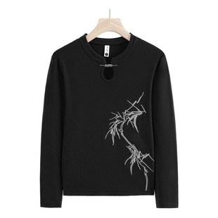 大码女装秋季新中式国风刺绣竹叶正肩长袖T恤微胖mm黑色短款上衣