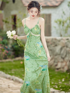 SOLENELARA别致绝美绿色碎花吊带连衣裙开衫 两件套海边度假风穿搭