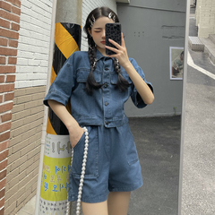 Real shot - two piece suit of new style street blowing Hepburn style foreign style age reducing denim shorts in summer 2021