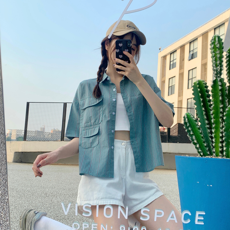 Summer 2021 new loose and thin polo collar striped 5-sleeve shirt