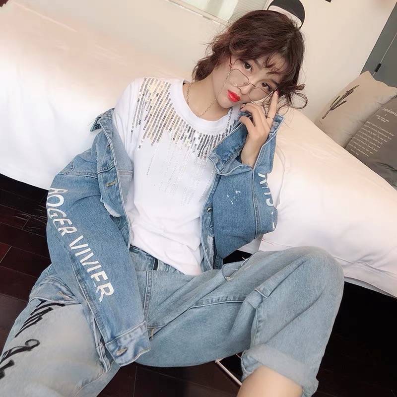 2021 new spring wear European heavy industry Sequin Rhinestone tassel top women's versatile loose thin short sleeve white T-shirt