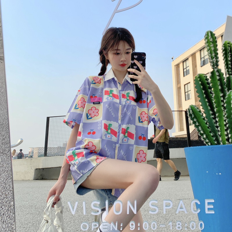 Hong Kong Style joint retro Harajuku cute girl feeling soft girl safflower print short sleeve shirt Hawaiian Shirt girl