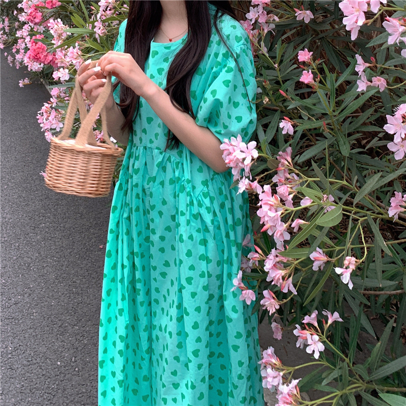 Official picture pink love doll dress women's summer loose small foreign style age reducing bubble sleeve skirt