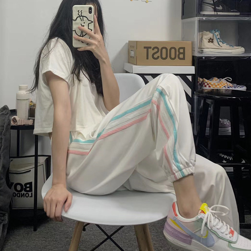 Spring and autumn nineties casual sports pants women's loose legged slim versatile straight white High Waist Wide Leg Pants