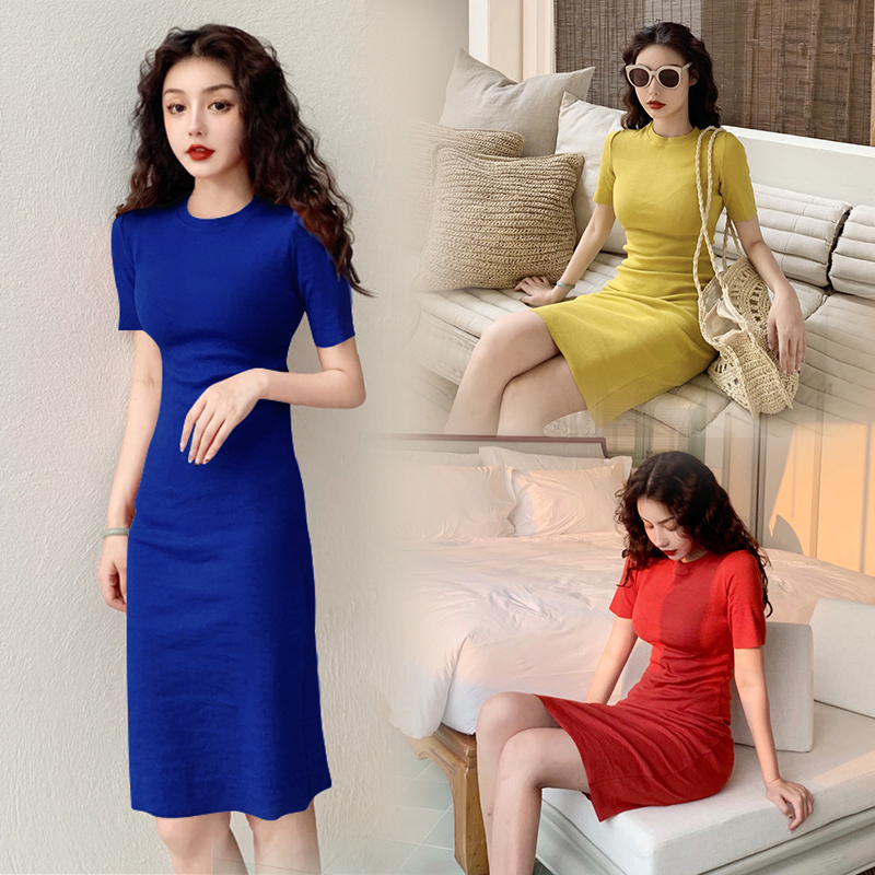 2021 elegant retro dress women's spring and summer new slim versatile medium long short sleeve buttock A-line short skirt