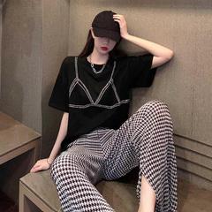 Net red fashion half sleeve T-shirt with diamond for female summer Korean style loose large round neck top