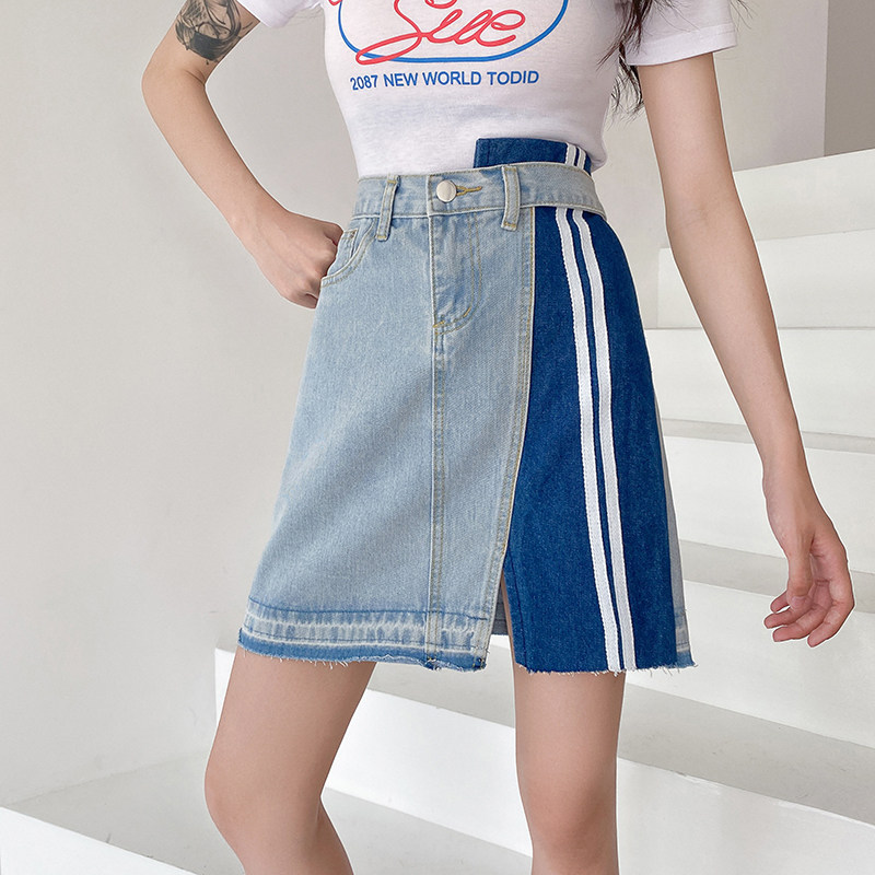 Real photo of denim skirt for women 2021 summer new versatile color contrast high waist slim irregular A-line short skirt