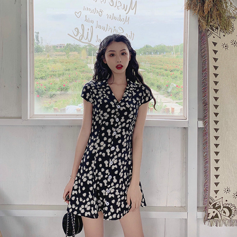 2021 floral dress children's summer French style waist is thin and retro style summer gentle wind small Chiffon