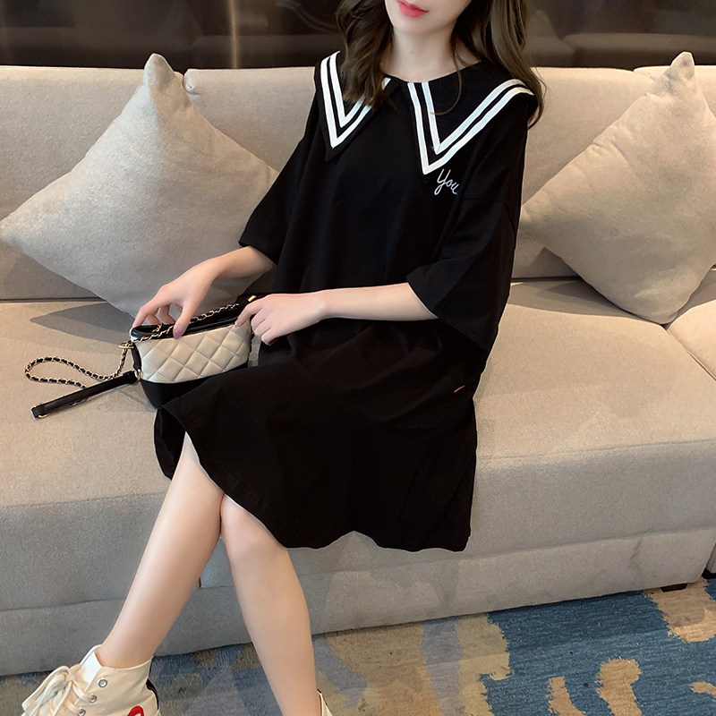 Official photo 2021 Korean summer medium length fishtail doll collar short sleeve loose T-shirt