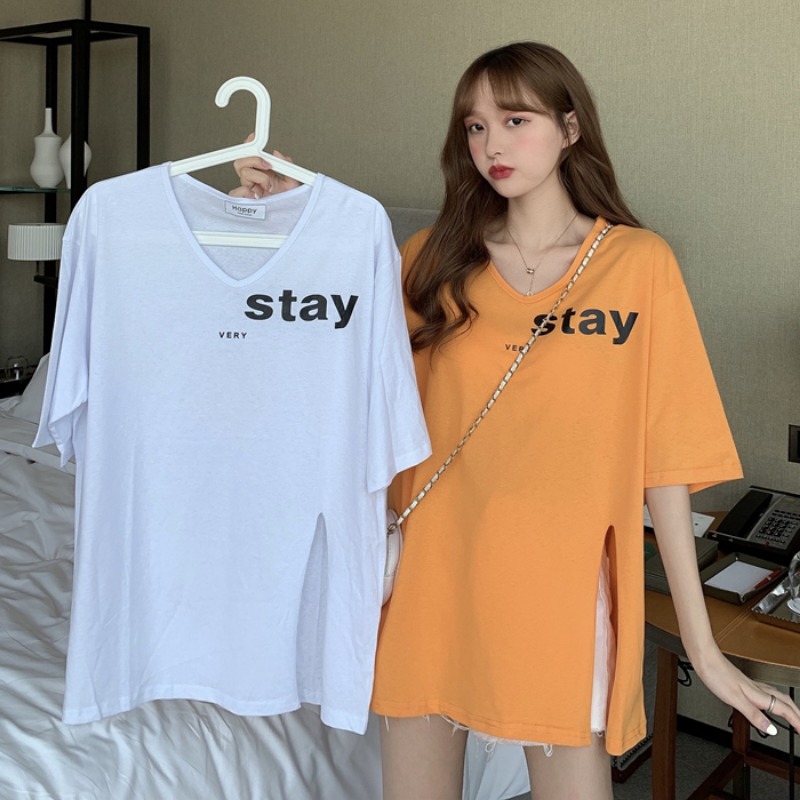 Short sleeve T-shirt women's clothing spring and summer 2021 new design small, loose and thin, split V-neck fashion