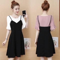 Fat mm2021 new fairy skirt fake two piece dress summer girl student Korean Short Sleeve loose
