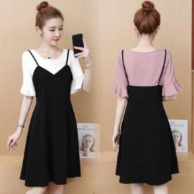 Fat mm2021 new fairy skirt fake two piece dress summer girl student Korean Short Sleeve loose