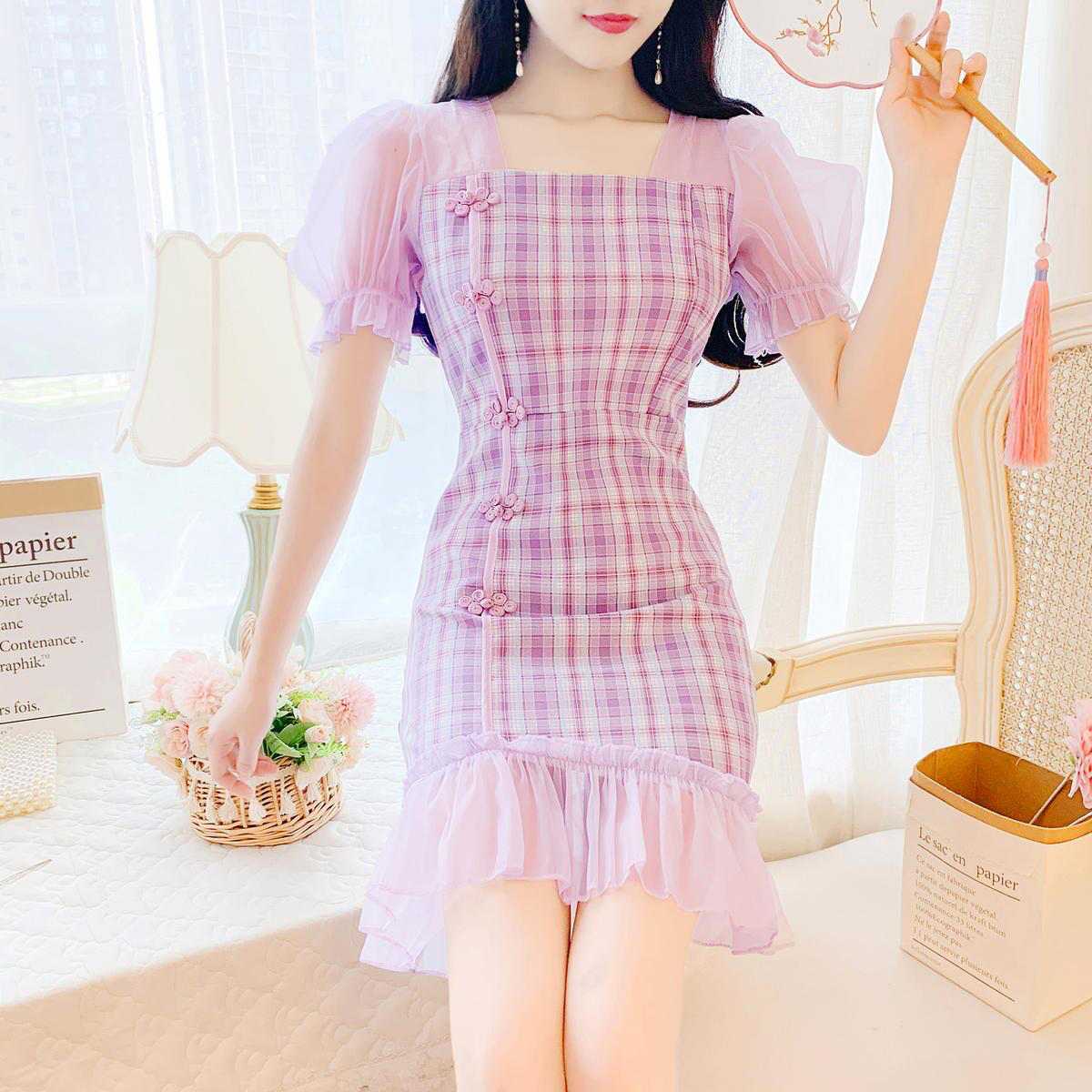 Waist Blue Plaid Dress women's middle length retro slim square neck small fresh high waist A-line skirt bubble sleeve