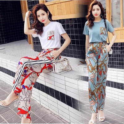 Fashion leisure sports suit women's summer new Korean printing loose wide leg pants two piece suit for women