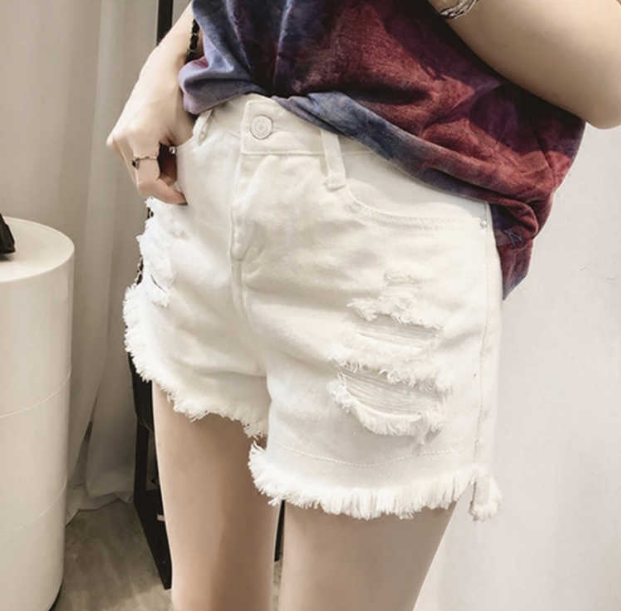 Cotton denim shorts women's 2021 spring Korean high waist perforated wide leg loose large size students' A-line hot pants