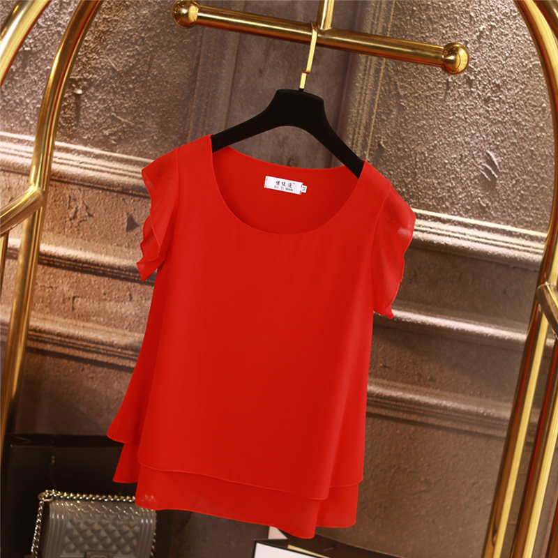New summer large women's cover belly solid Chiffon round neck top loose and versatile short sleeve base coat