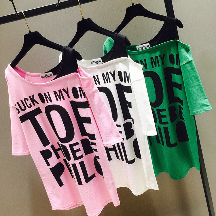 Summer new off shoulder short sleeve T-shirt women's loose large irregular Korean medium and long reduced age top
