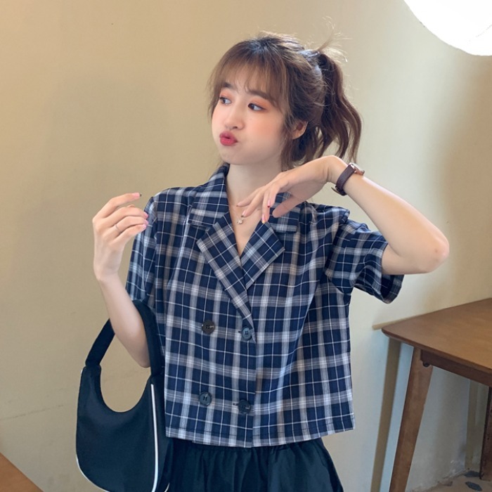 Official figure Plaid suit collar short sleeve shirt jacket Korean shortness of breath