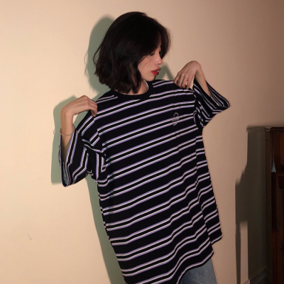 Official website real price: 2021 new striped short sleeve women's top summer loose medium length embroidery bottomed T-shirt trend