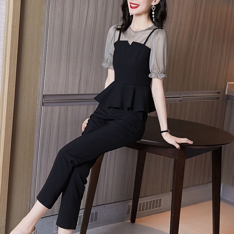New large small fragrance suit women's 2021 summer slim Fashion Chiffon shirt pants casual two piece suit