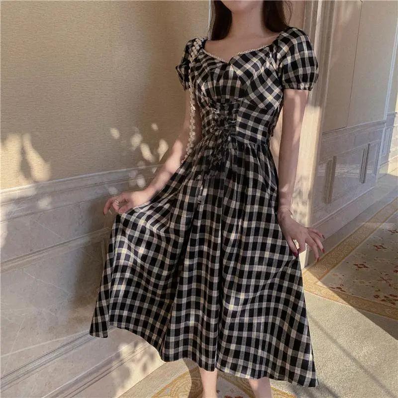 French retro spring and summer super fairy A-line skirt high waist slim spring and summer V-neck Plaid Princess Dress