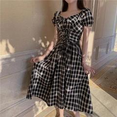 French retro spring and summer super fairy A-line skirt high waist slim spring and summer V-neck Plaid Princess Dress