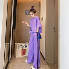 Two piece leisure sports suit women's relaxed age reducing foreign style 2021 summer new small high wide leg pants