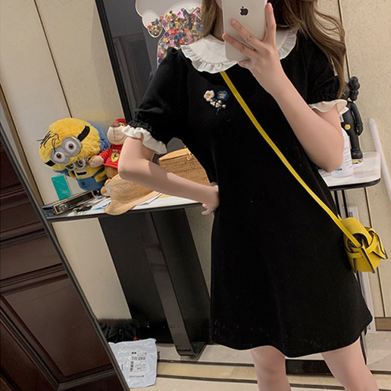 Black sweet dress women's 2021 summer new French retro mini skirt bubble sleeve mini black skirt