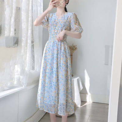 Floral skirt 2021 new summer short sleeve gentle wind close waist show thin air small fresh lady dress long