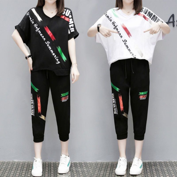 200 kg large loose casual sports suit women's summer new fat mm short sleeve Capris two piece set