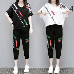 200 kg large loose casual sports suit women's summer new fat mm short sleeve Capris two piece set