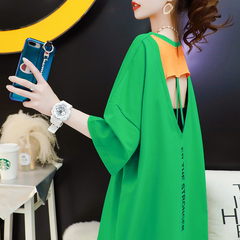 Official figure summer 2021 mid long fashion design open back short sleeve loose T-shirt for women