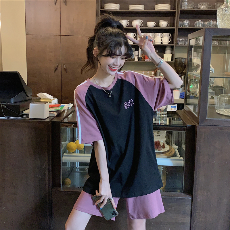 Summer Korean 2021 new letter stripe loose sports short sleeve T-shirt women's fashion set 6535 cotton embroidery