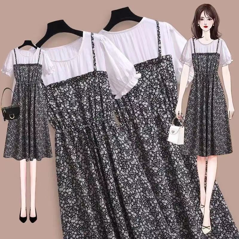 2021 summer new stitching suspender fake two piece dress