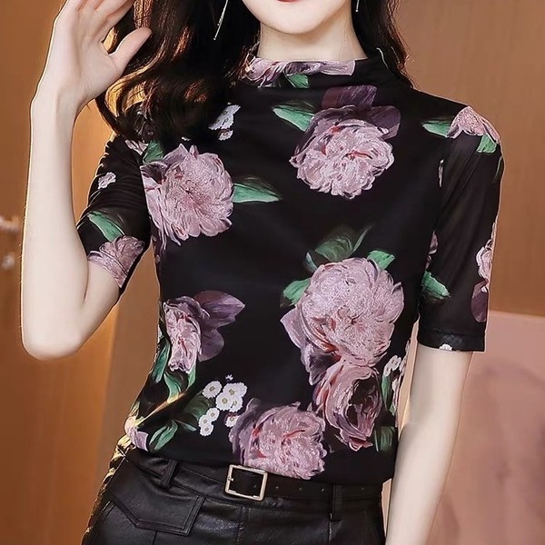 Half high collar t-shirt female short sleeve 2021 new summer thin fashion print half sleeve versatile thin bottomed shirt female