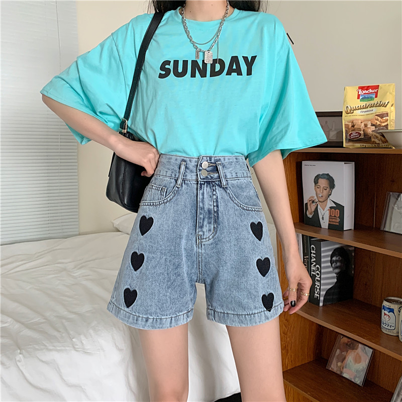 Love denim shorts women 2021 new summer high waist loose thin students versatile A-line wide leg pants