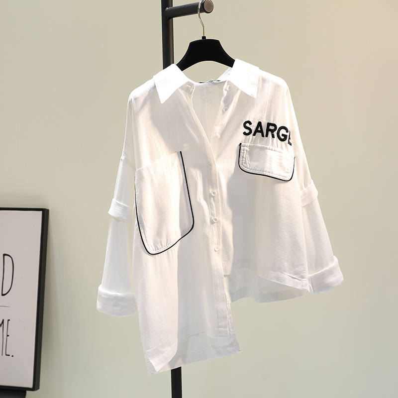 White Embroidery letter irregular cotton hemp shirt women's 2021 spring and summer new Korean loose casual shirt top