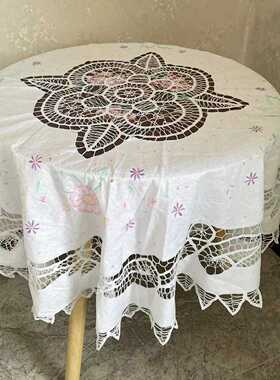 外贸精品老棉布满工绣花镂空135*135圆可做空调盖巾冰箱巾