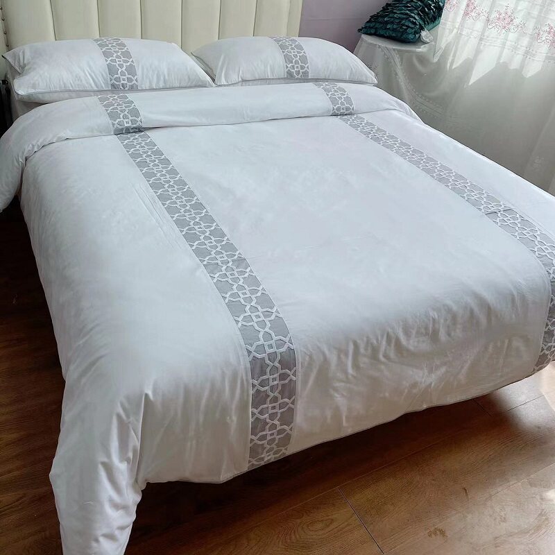 外贸纯棉白色1.5床品尾全棉绣花200*230被套枕套三件套透气柔软