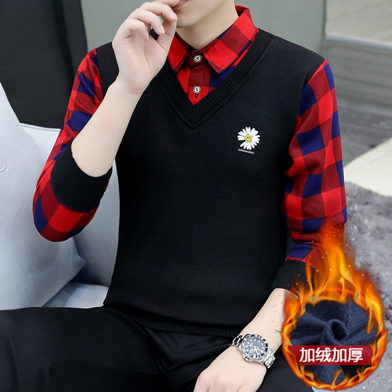 秋冬季男士假两件针织百搭衬衫领外套男毛衣内搭恤 加绒-