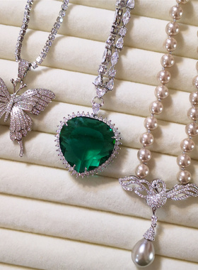 欧美风微镶锆石蝴蝶花朵立体铃兰如意锁项链亏本清货淡水珍珠女