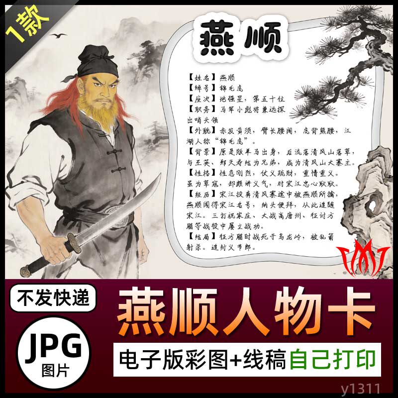 水浒传锦毛虎燕顺人物卡介绍手抄报图片电子小报名片素材黑白线稿
