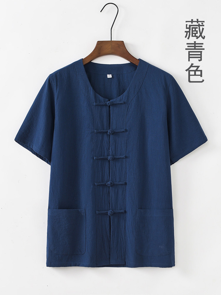 CHINESE STYLE TANG COSTUME SHORT SLEEVE MENS CHINESE STYLE THIN COTTON COLLARLESS LOOSE HALF-SLEEVED HANFU LAY CLOTHES RETRO DAD CLOTHES